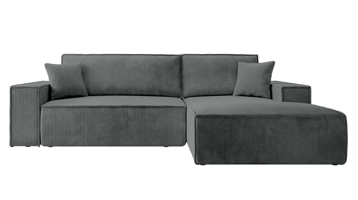 Canapé d'angle avec fonction couchage Farese New en velours côtelé gris, côté droit, avec coffre de rangement