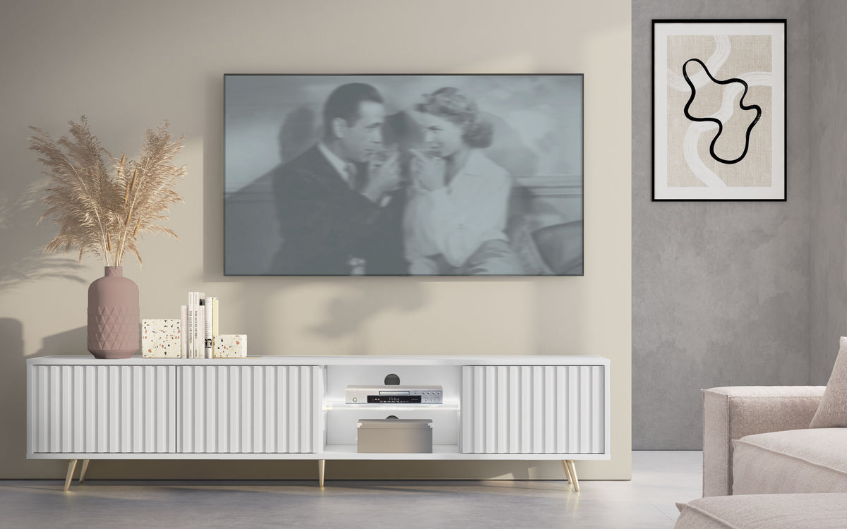 Meuble TV Bello avec façades à lamelles 175 cm blanc avec LED et pieds dorés