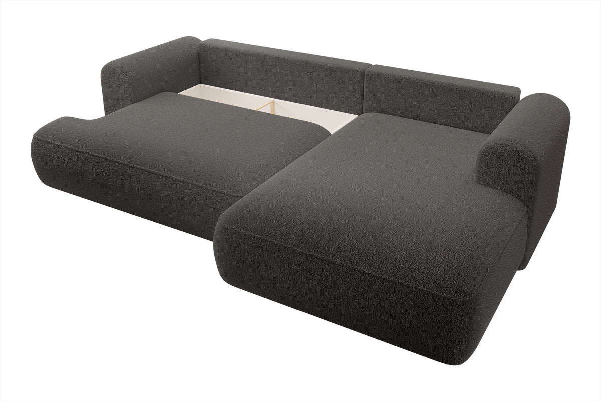 Canapé d'angle convertible Ovo en boucle gris foncé avec coffre, configuration en L, côté droit