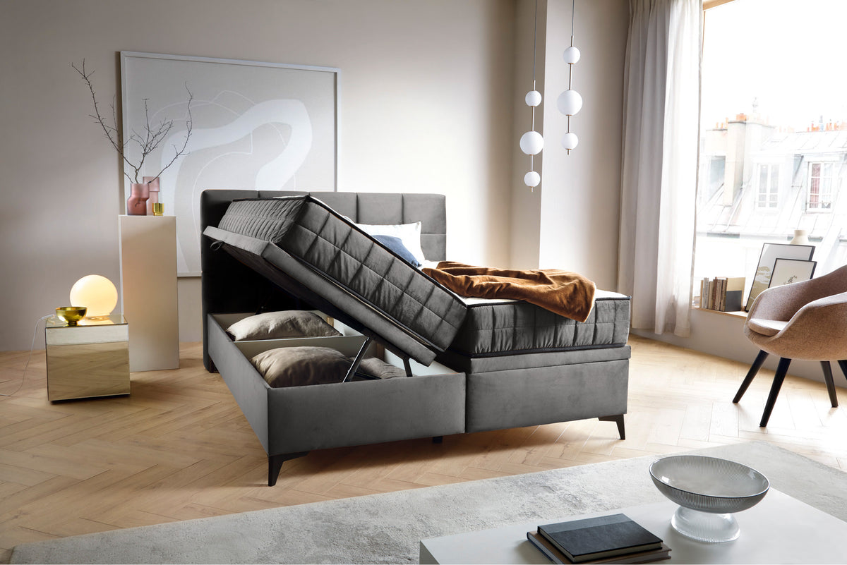 Kontinentales Bett 180x200 cm Beriano mit Stauraum und Matratze, aschgrauer Samt