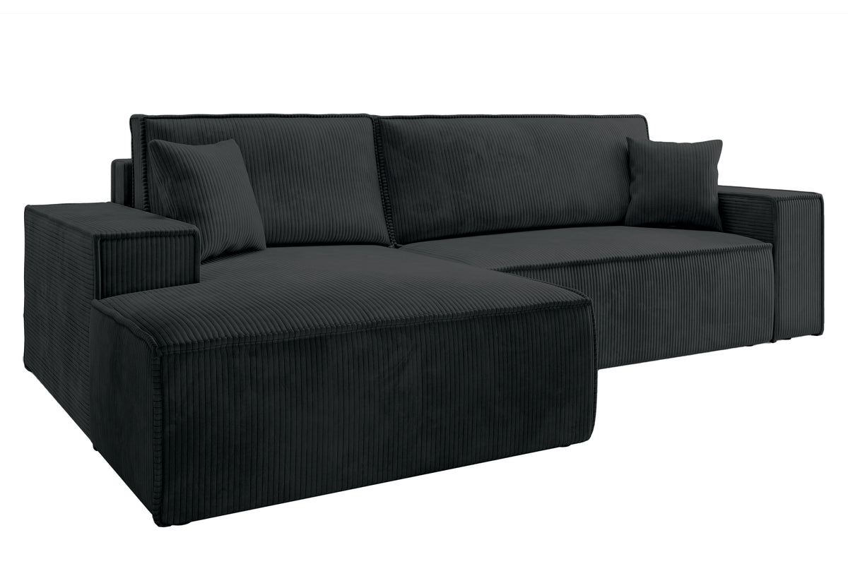 Ecksofa mit Schlaffunktion Farese New, L-förmig, mit Stauraum, schwarzer Cord, linksseitig