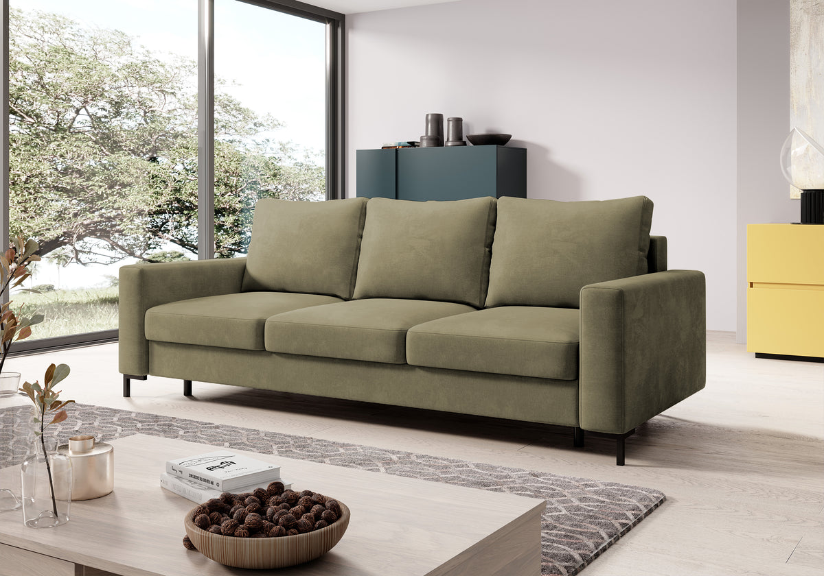 Dreisitziges ausklappbares Sofa Mokpeo mit Stauraum, dunkelbeige Samtvelours
