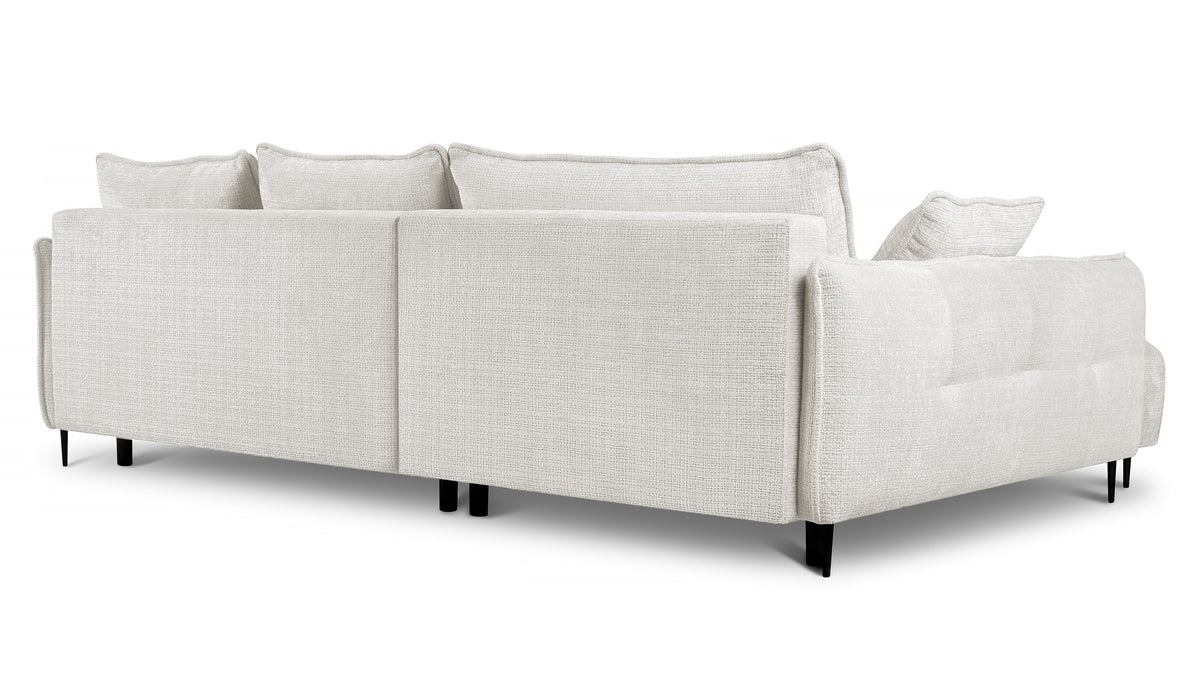 Canapé d'angle Oblivio avec fonction couchage, forme en L, avec coffre de rangement, tissu chenille crème, version gauche