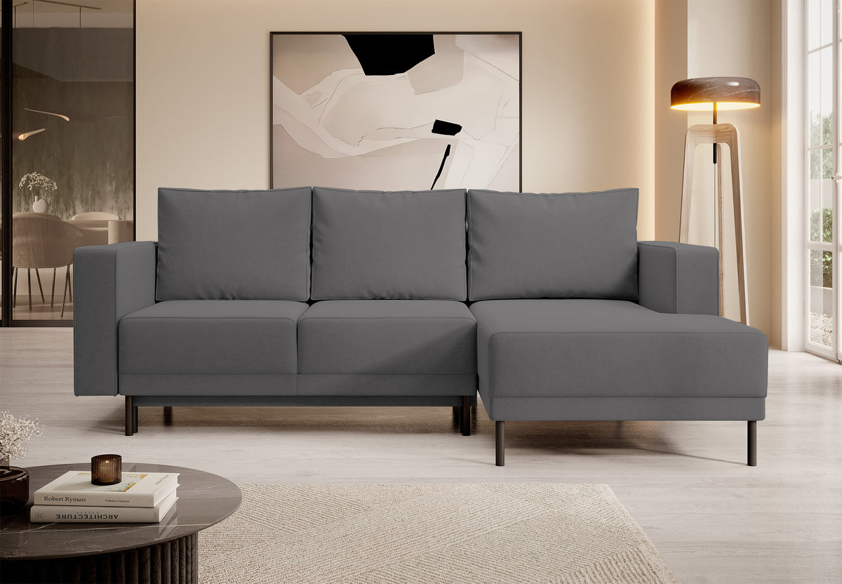 Canapé d'angle avec fonction couchage Rodario mini en velours gris foncé facile à nettoyer, rangement, modèle droit en L