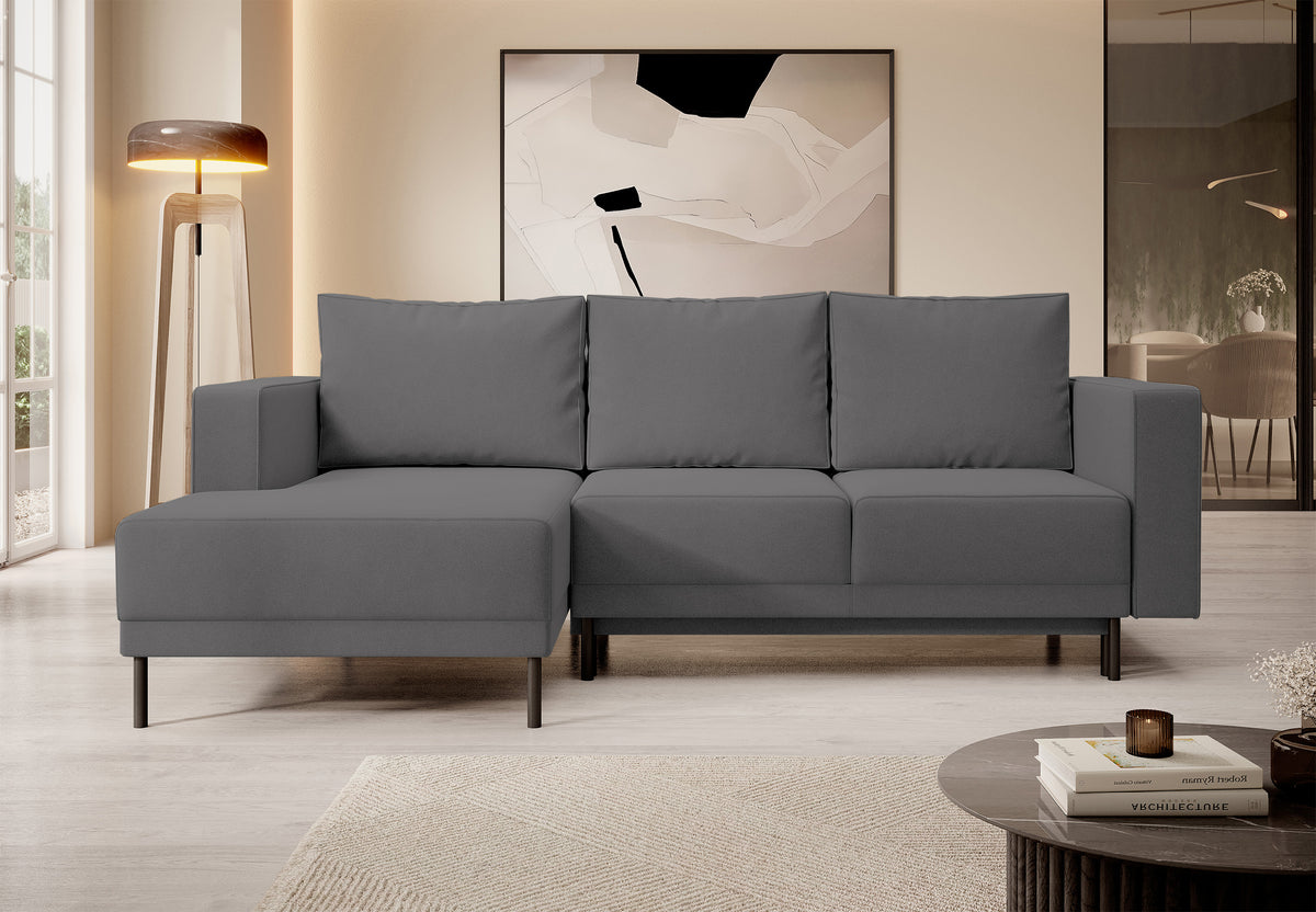 Canapé d'angle avec fonction couchage Rodario mini en L avec coffre, velours gris foncé facile à nettoyer, version gauche