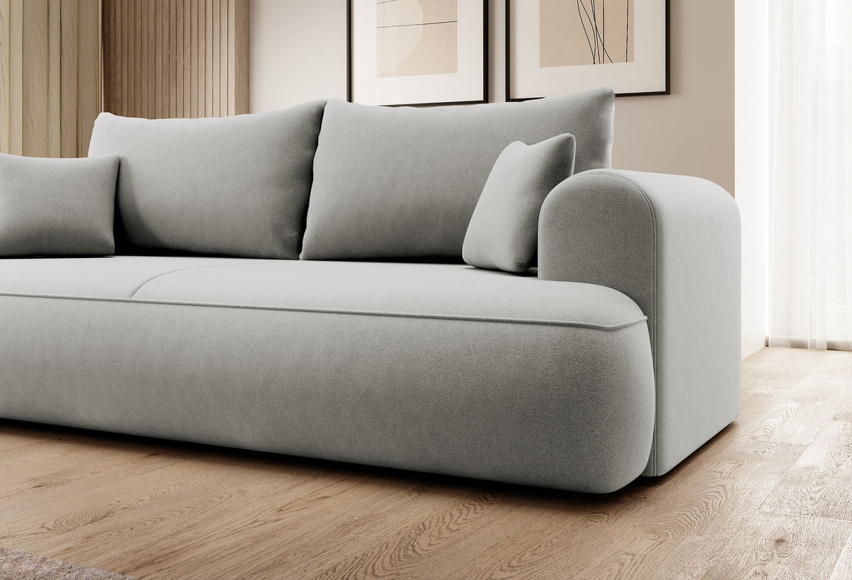 Canapé convertible 3 places Ovo avec rangement, velours gris en tissu facile à nettoyer