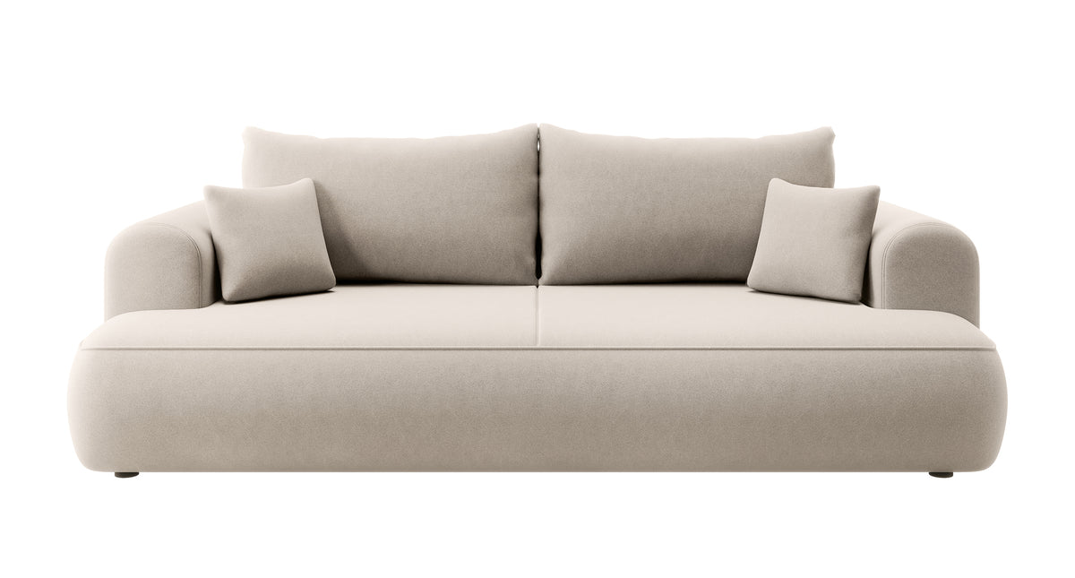 Dreisitziges ausklappbares Sofa Ovo mit Stauraum, hellbeiger Velours aus leicht zu reinigendem Stoff