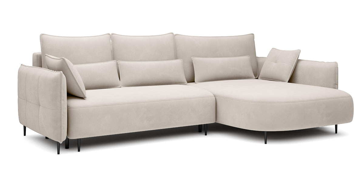 Canapé d'angle Oblivio avec fonction couchage, forme en L, avec rangement, velours crème hydrofuge, version droite