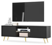Meuble TV Bello avec façades lamellées 135 cm noir avec pieds dorés
