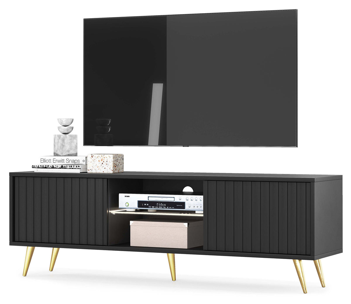 Meuble TV Bello avec façades lamellées 135 cm noir avec pieds dorés