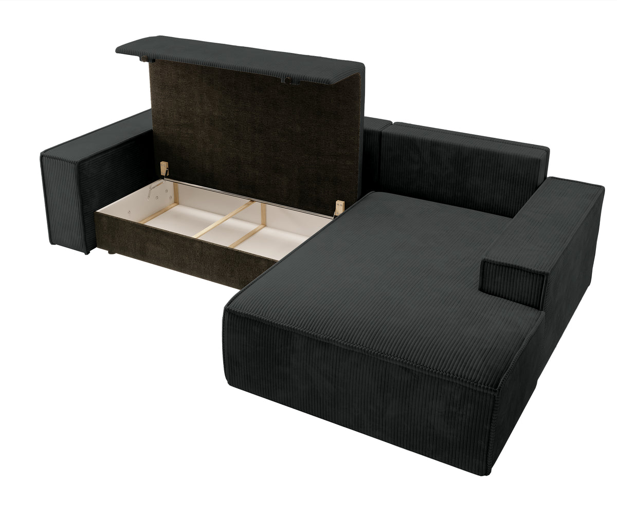Canapé d'angle avec fonction couchage Farese New en velours côtelé noir, coffre de rangement, configuration droite