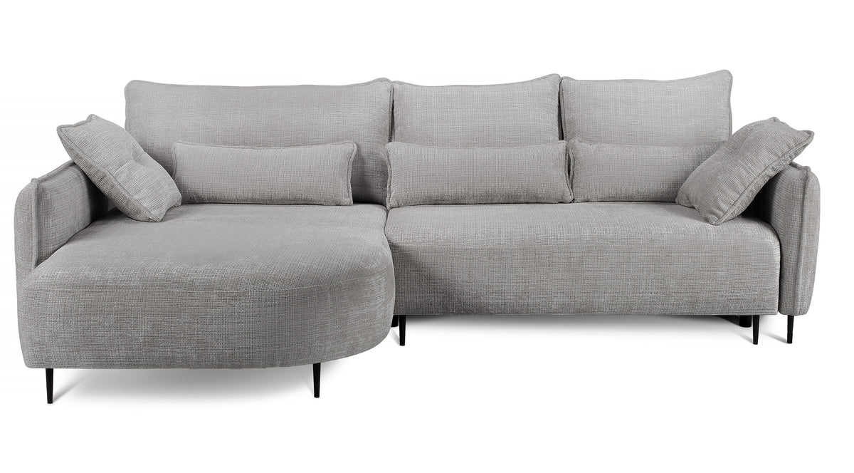 Ecksofa Oblivio mit Schlafunktion, L-förmig, mit Stauraum, grauer Chenille, linksseitig