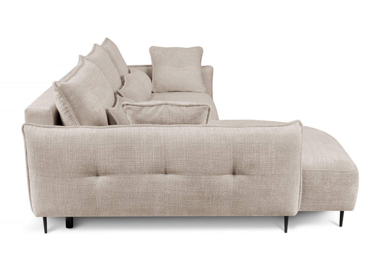 Canapé d'angle Oblivio avec fonction couchage, forme en L, rangement, tissu chenille beige clair, côté gauche