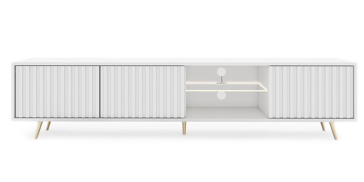 Meuble TV Bello avec façades à lamelles 175 cm blanc avec LED et pieds dorés