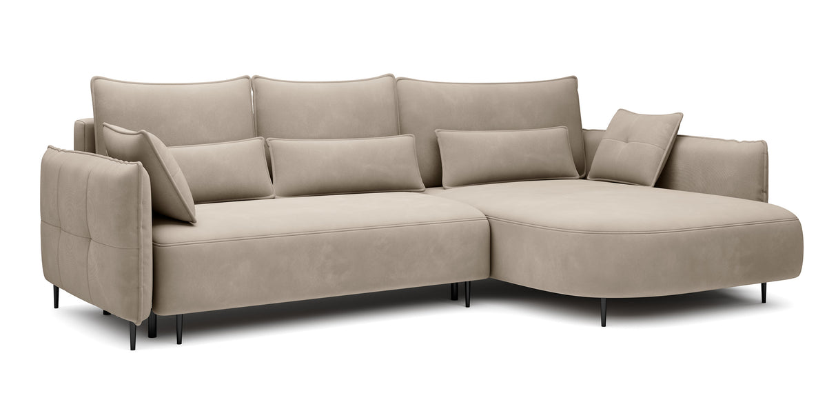 Canapé d'angle Oblivio avec fonction couchage, forme en L, coffre de rangement, velours beige clair, côté droit, hydrofuge