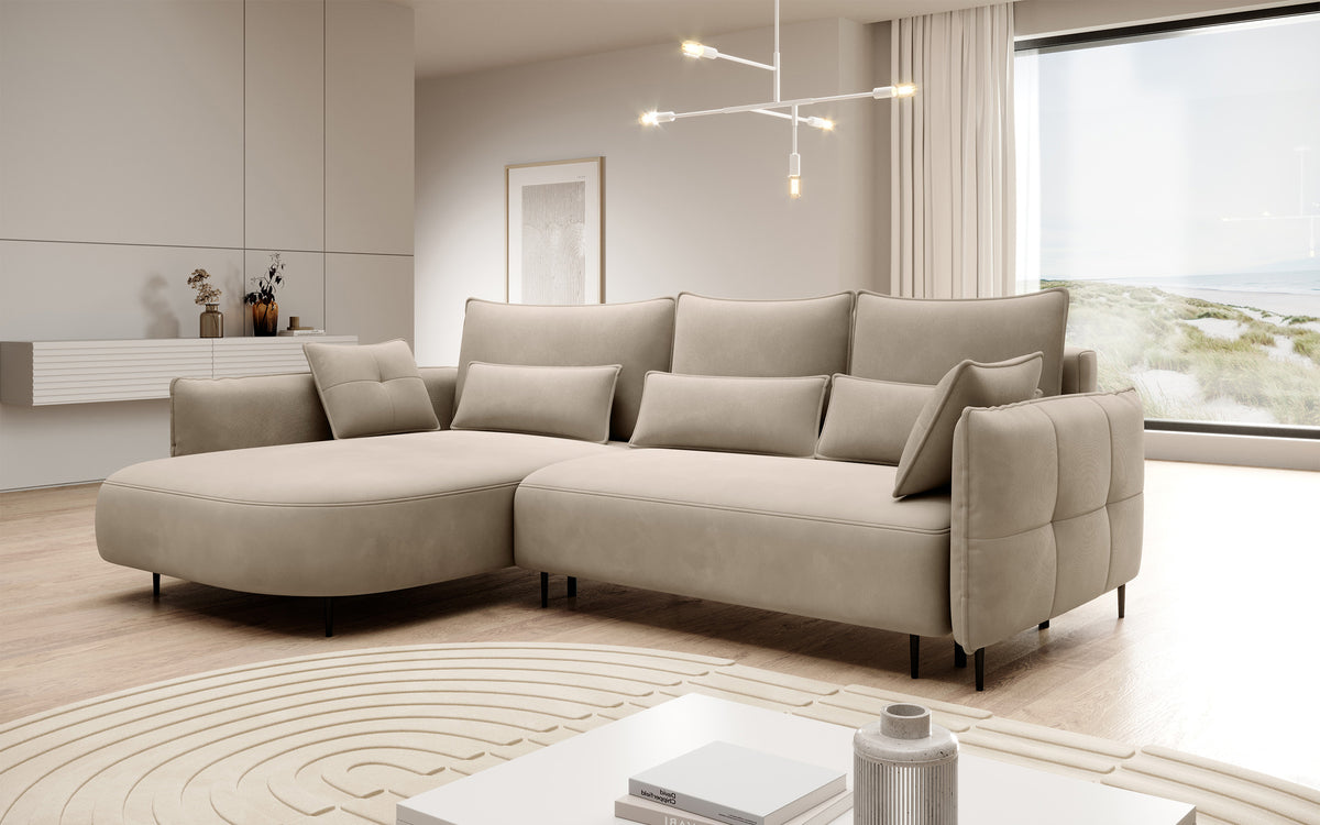 Canapé d'angle Oblivio L avec fonction couchage, rangement, velours beige clair hydrofuge, côté gauche