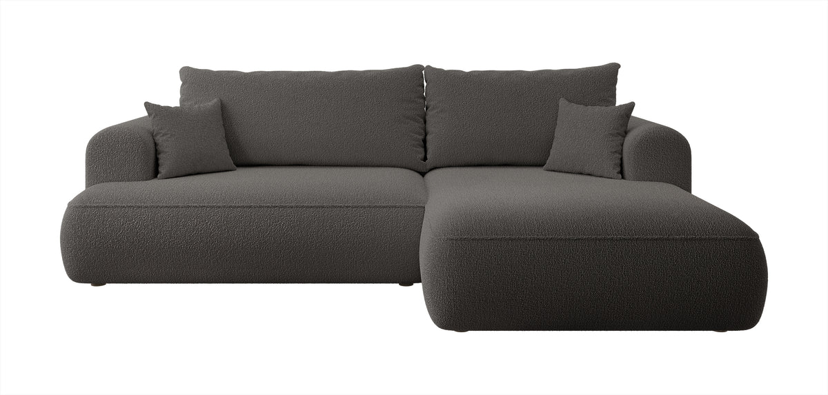 Canapé d'angle convertible Ovo en boucle gris foncé avec coffre, configuration en L, côté droit