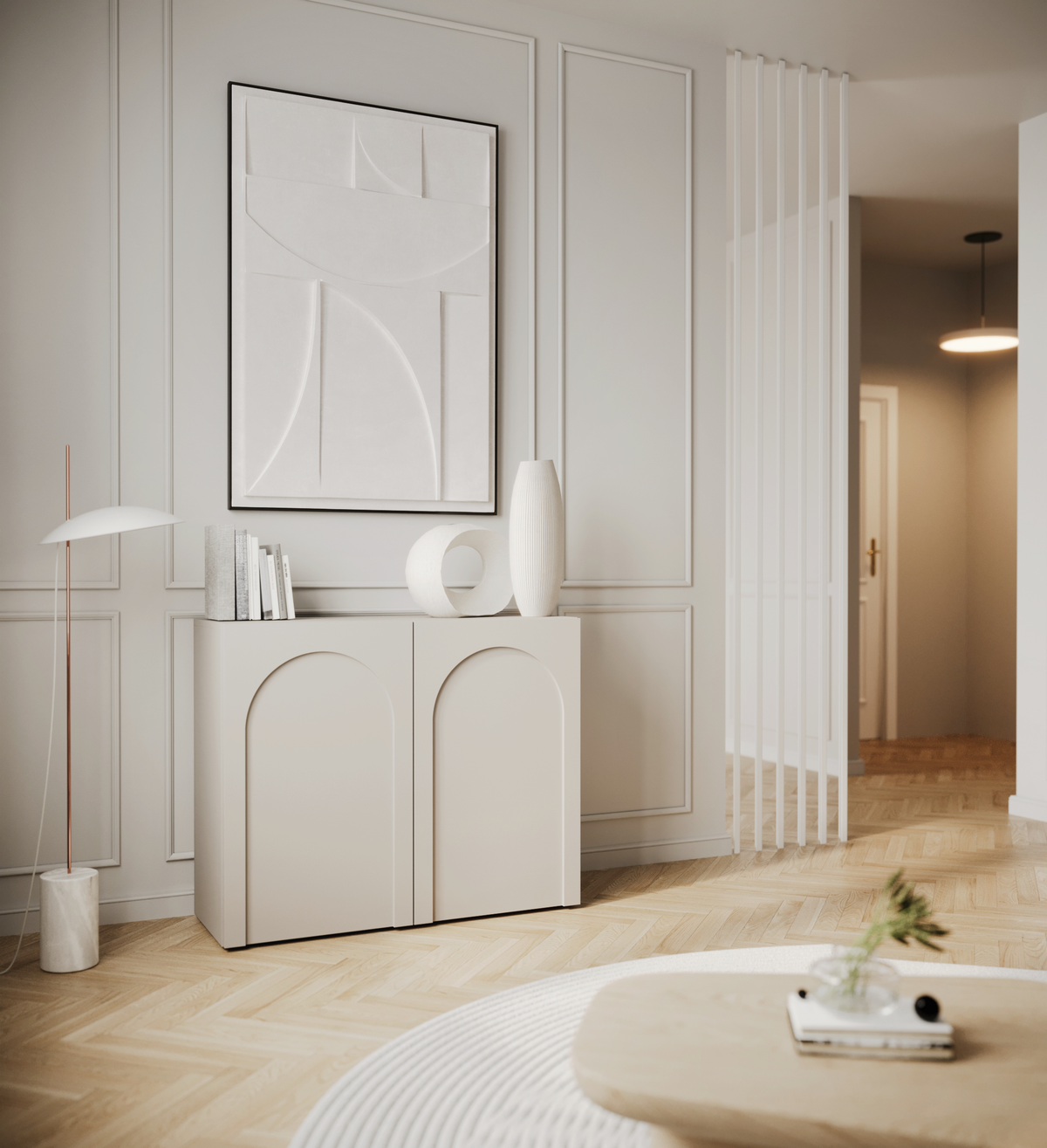 Commode 2 portes Arkadia avec façades rainurées 100 cm cachemire