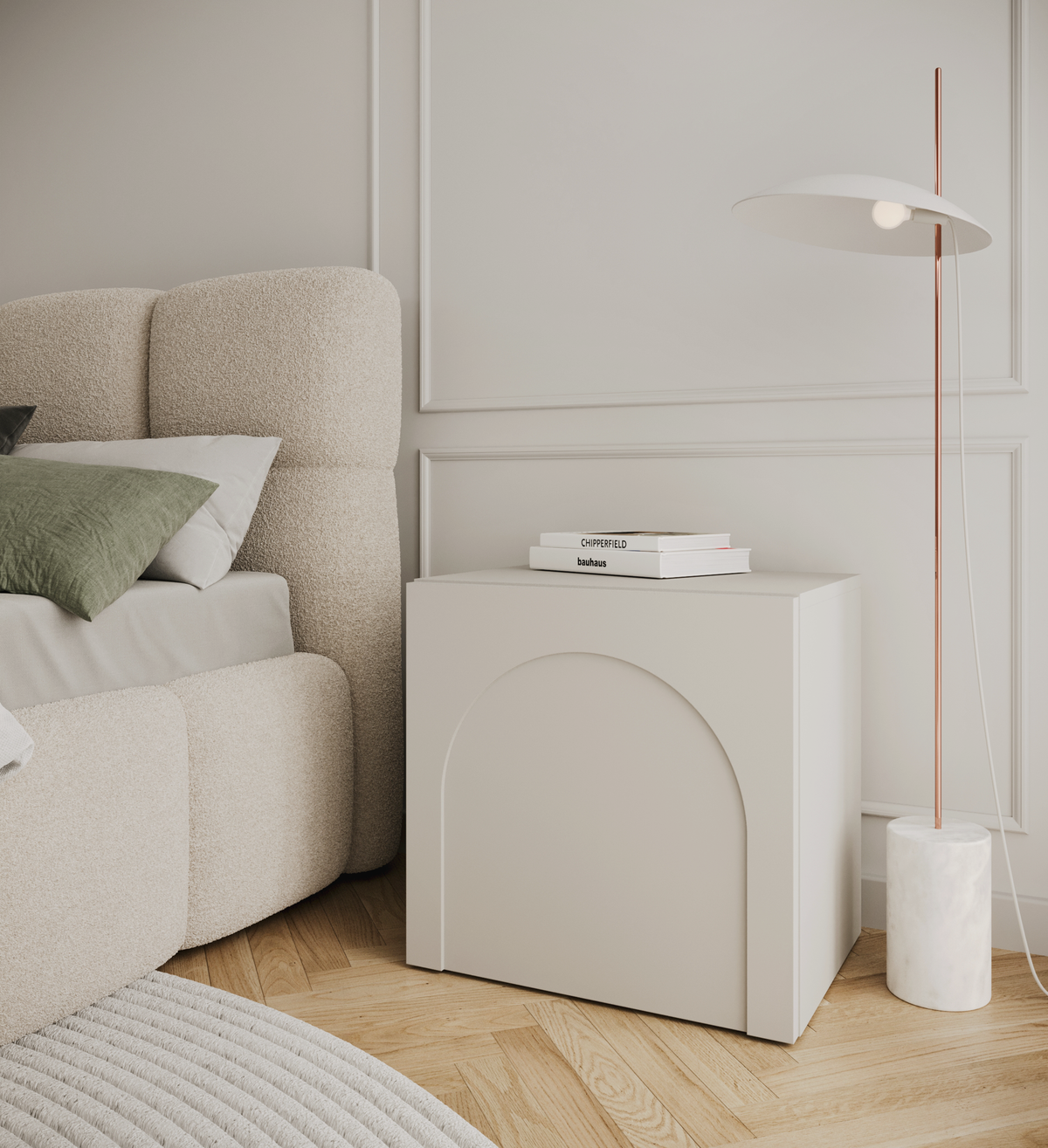 Table de chevet 1 porte Arkadia avec façades rainurées 50 cm cachemire