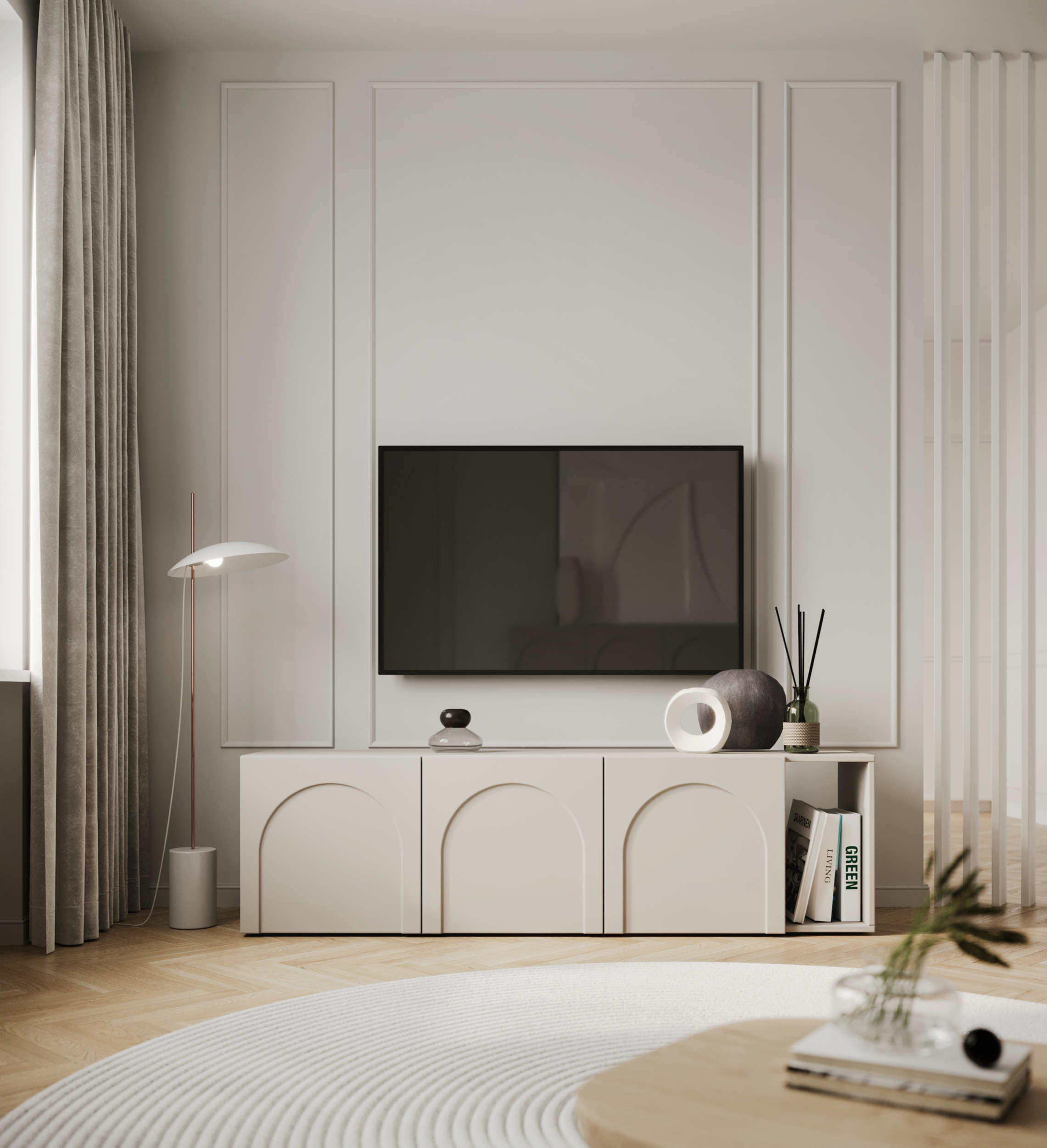 TV-Schrank Arkadia mit vier Türen und gefrästen Fronten, 175 cm, Kaschmir