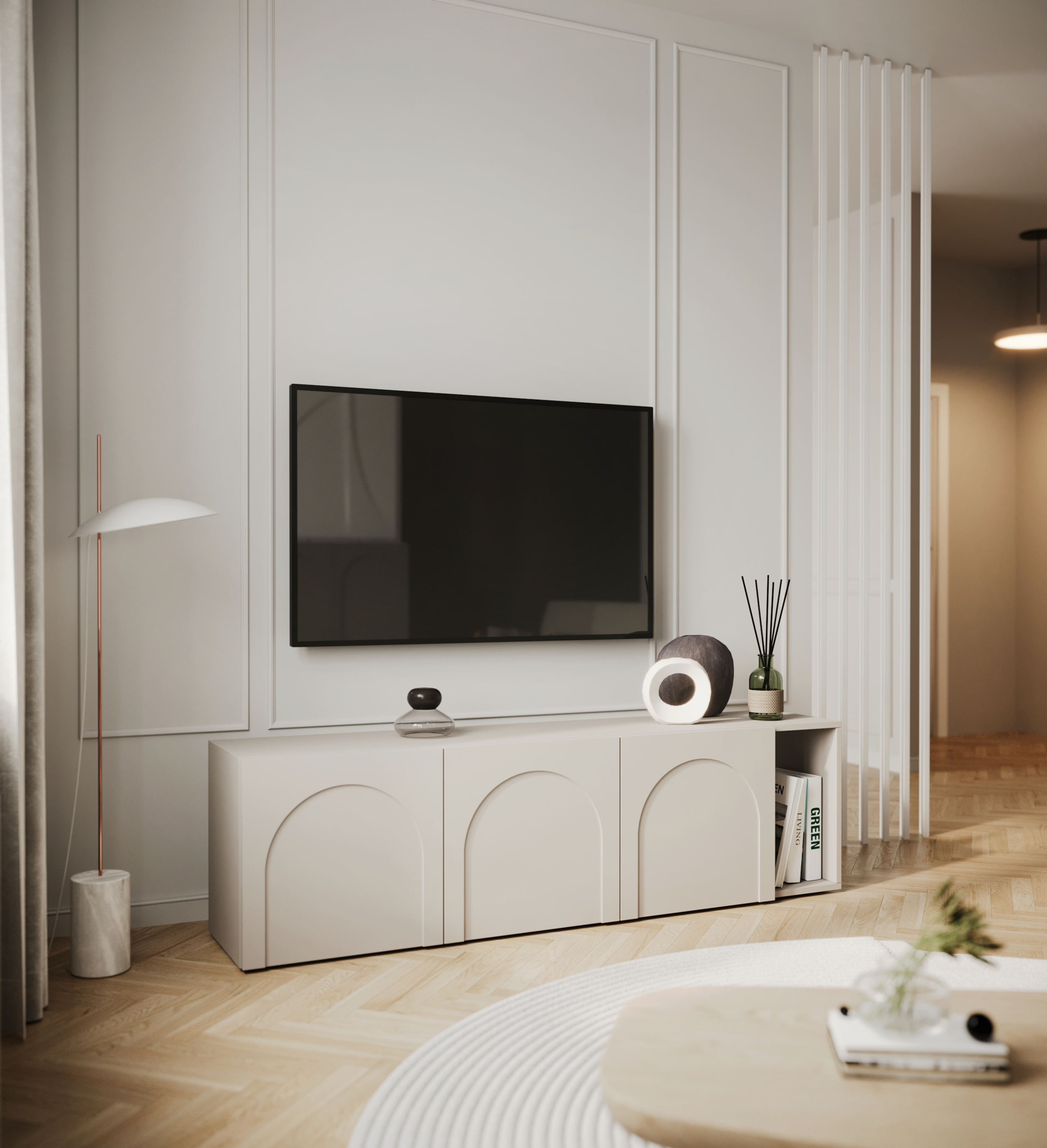 TV-Schrank Arkadia mit vier Türen und gefrästen Fronten, 175 cm, Kaschmir