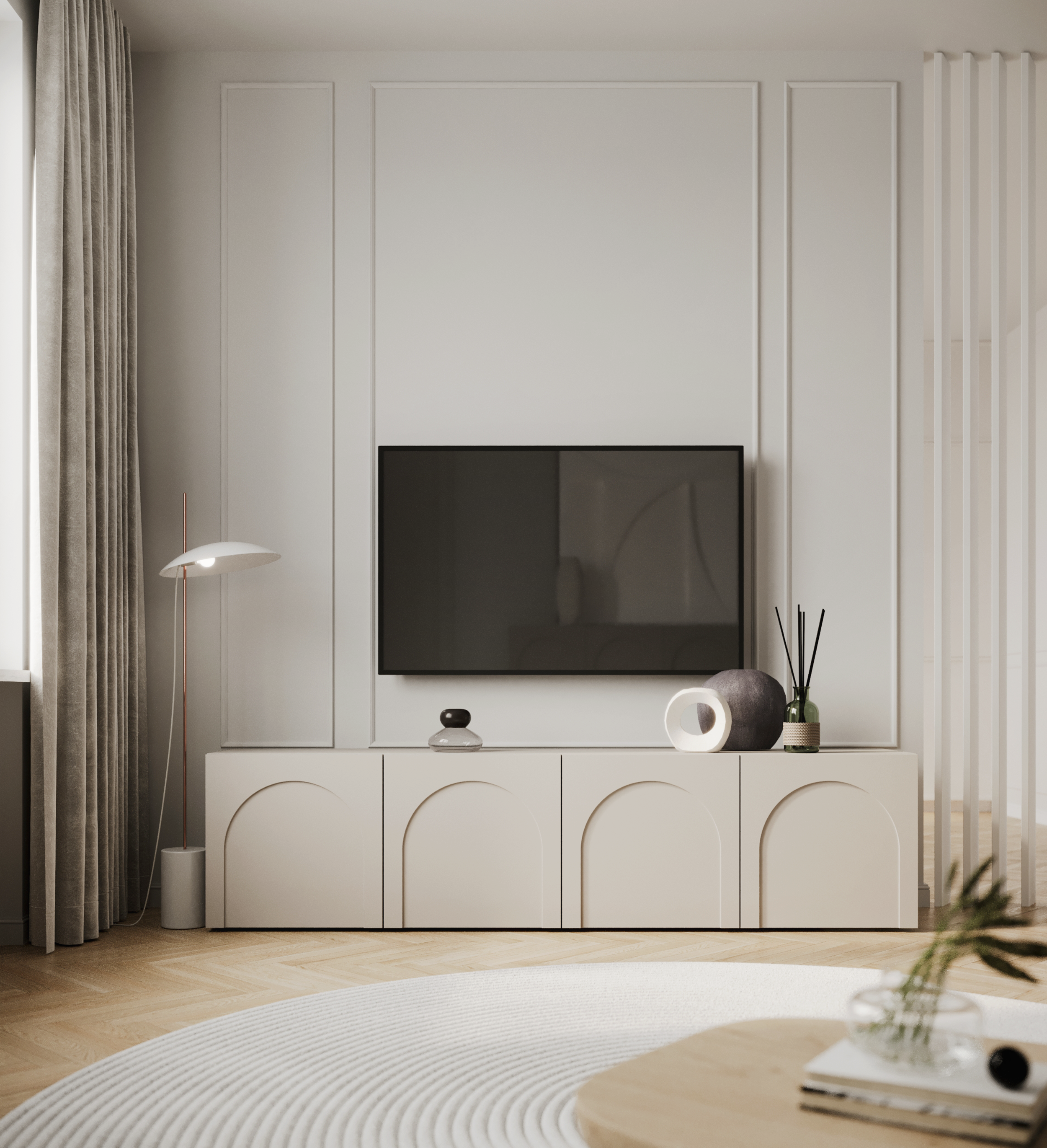 Meuble TV Arkadia à quatre portes et façades fraisées, 200 cm, cachemire