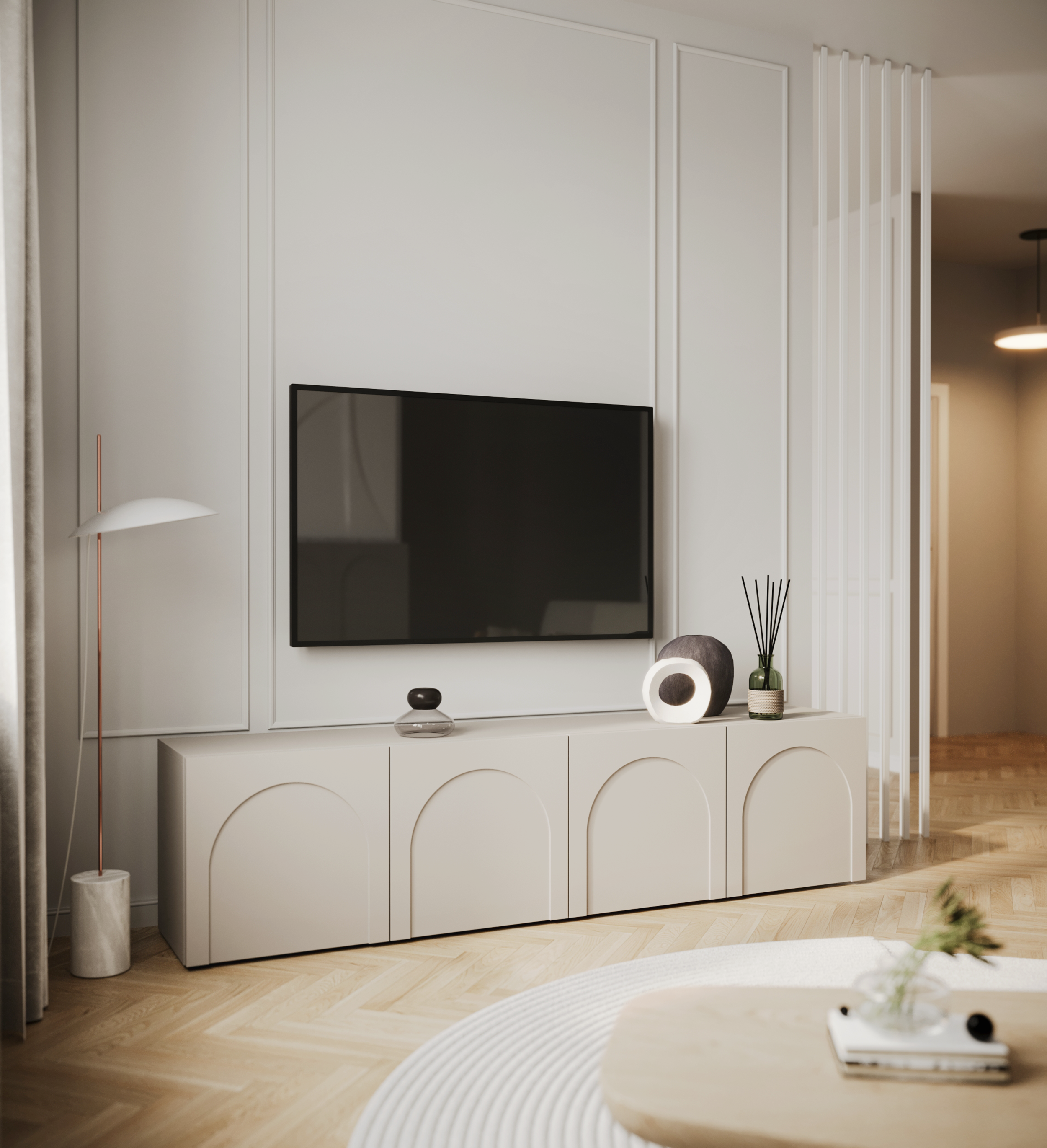 Meuble TV Arkadia à quatre portes et façades fraisées, 200 cm, cachemire
