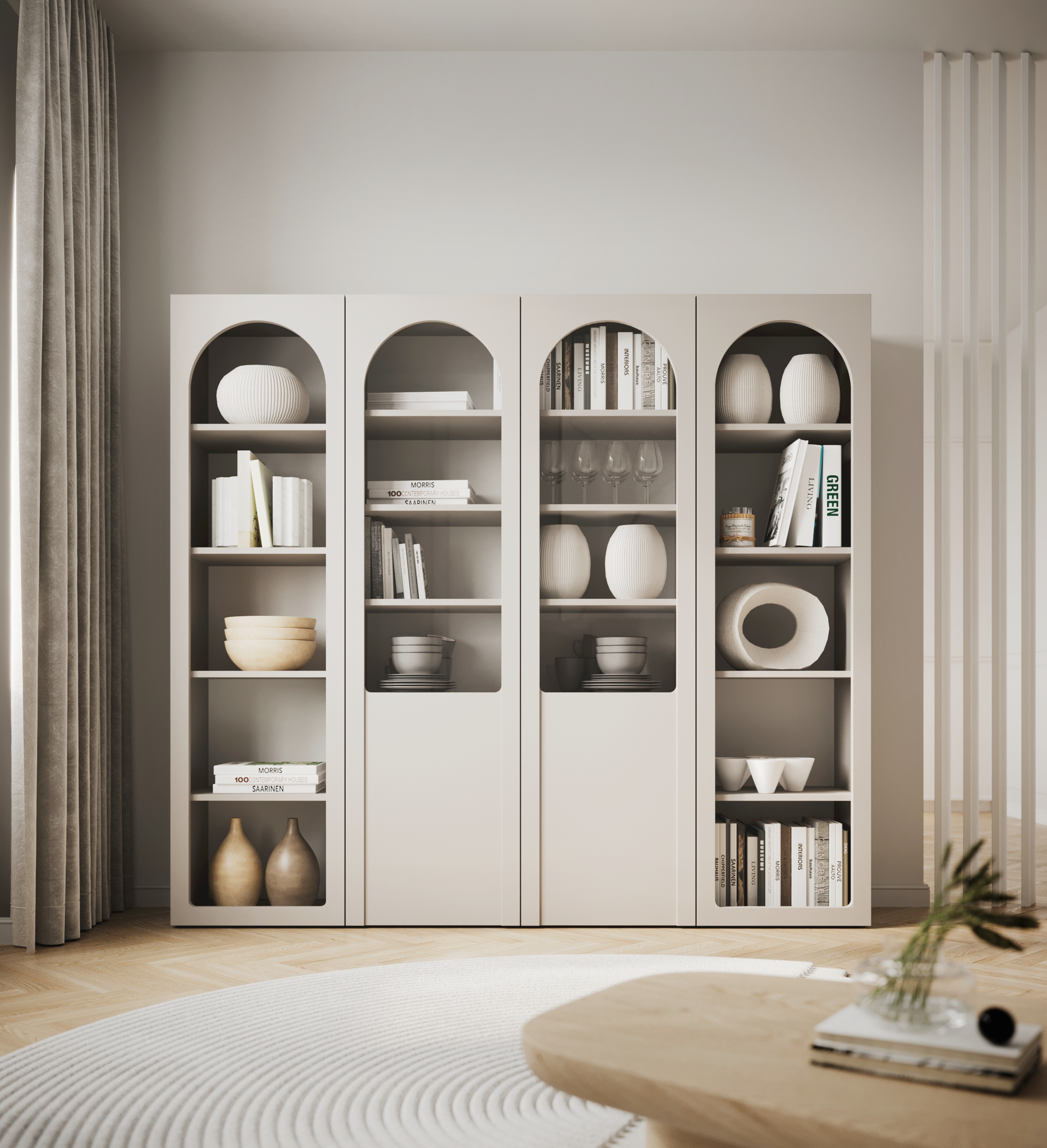 Zweiflügeliger Arkadia-Schrank mit gefrästen und verglasten Fronten, 100 cm, Kaschmirfarben