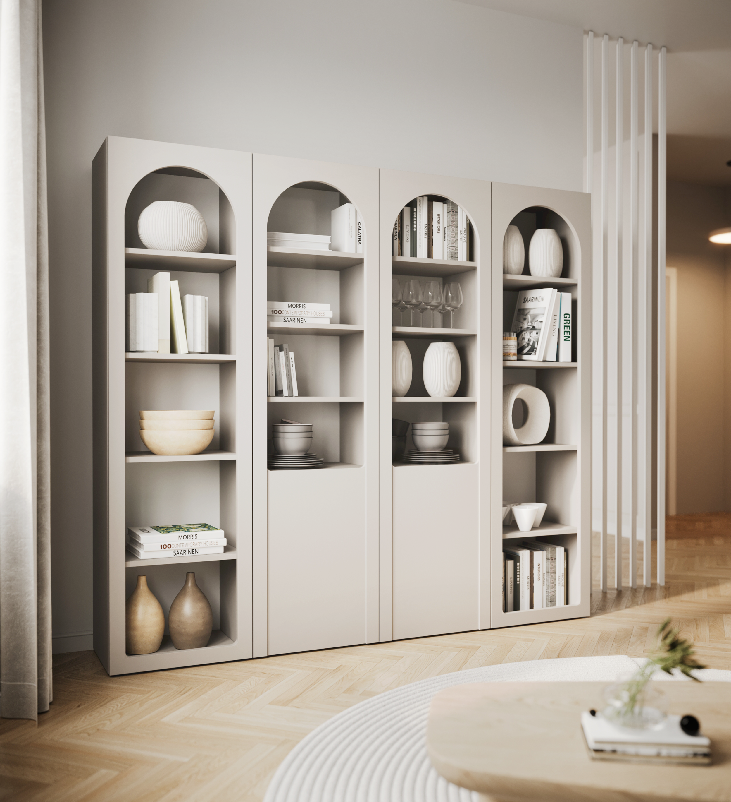 Zweiflügeliger Arkadia-Schrank mit gefrästen und verglasten Fronten, 100 cm, Kaschmirfarben