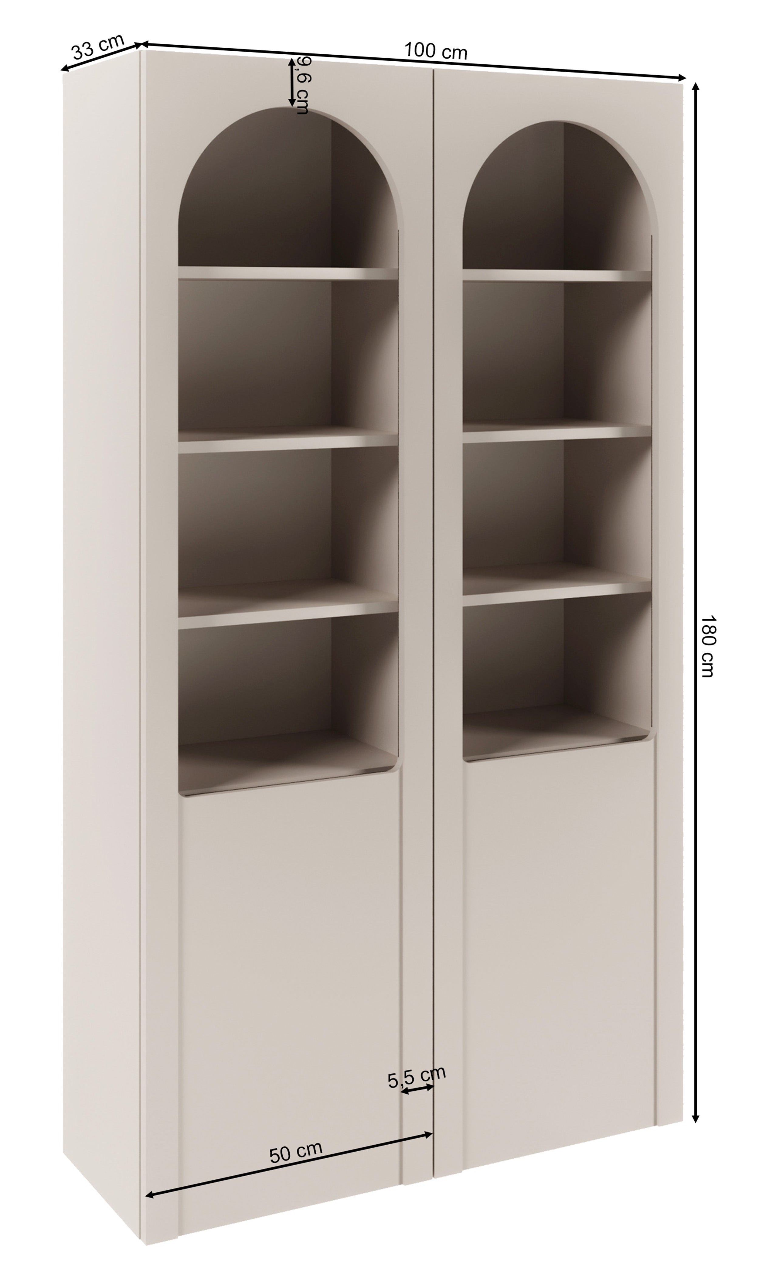 Zweiflügeliger Arkadia-Schrank mit gefrästen und verglasten Fronten, 100 cm, Kaschmirfarben