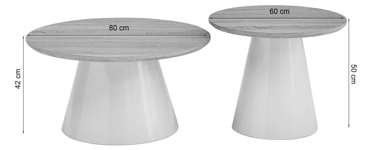 Lunnea runde Kaffeetisch-Sets 80 und 60 cm, natürliche Eiche mit cremefarbenem Sockel