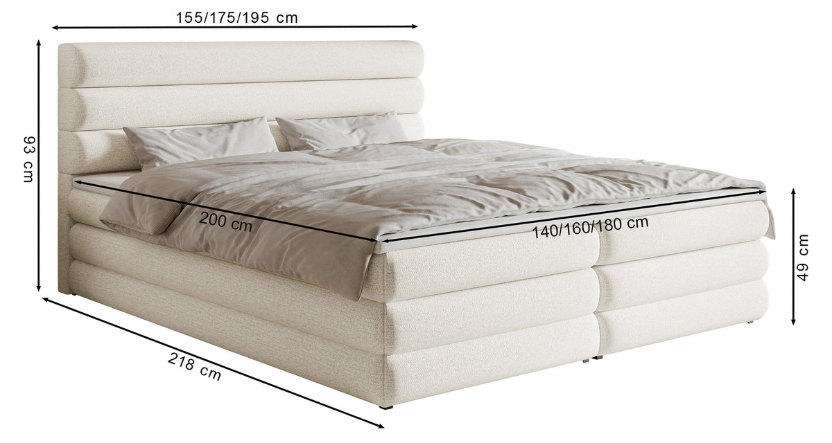 Lit continental 160x200 cm Alegre avec topper et deux coffres, tissu chenille hydrofuge beige clair
