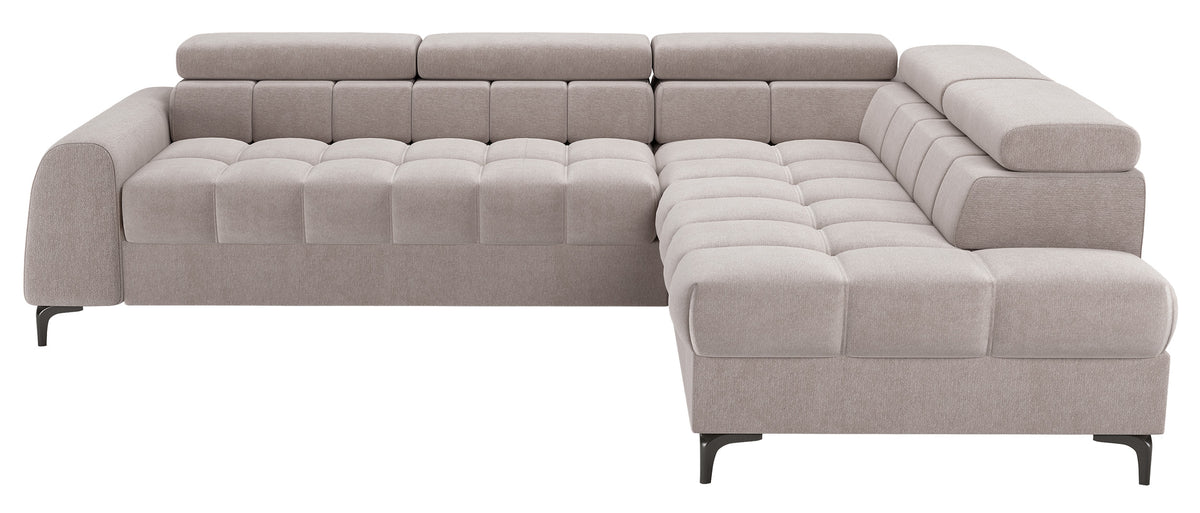 Canapé d'angle droit convertible Arellio avec coffre, tissu chenille gris-beige