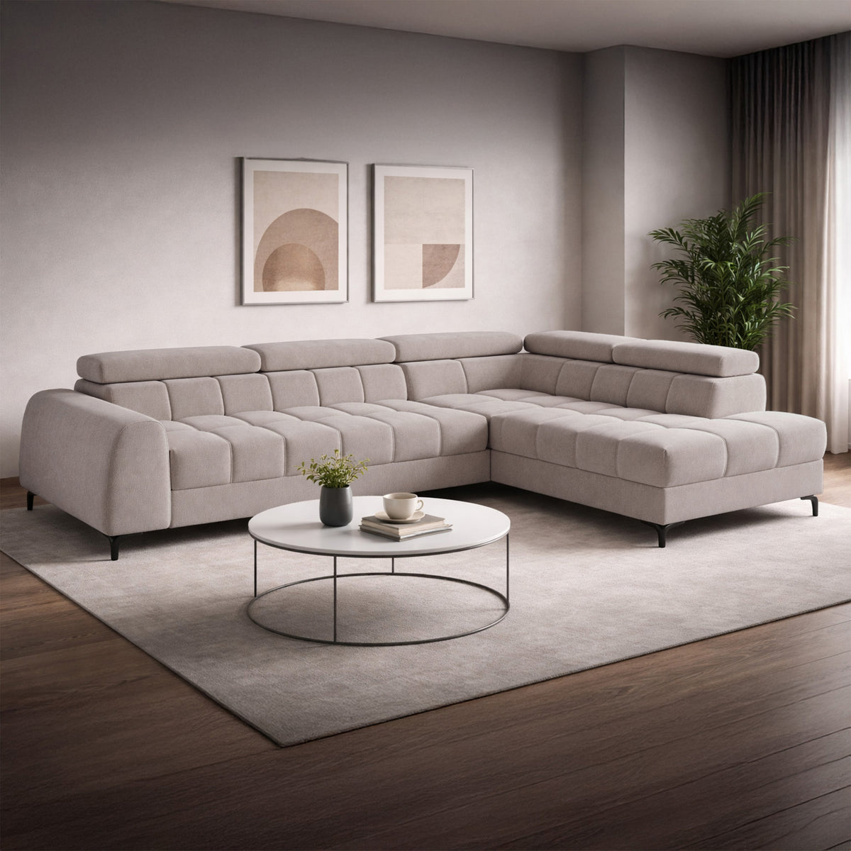 Canapé d'angle droit convertible Arellio avec coffre, tissu chenille gris-beige