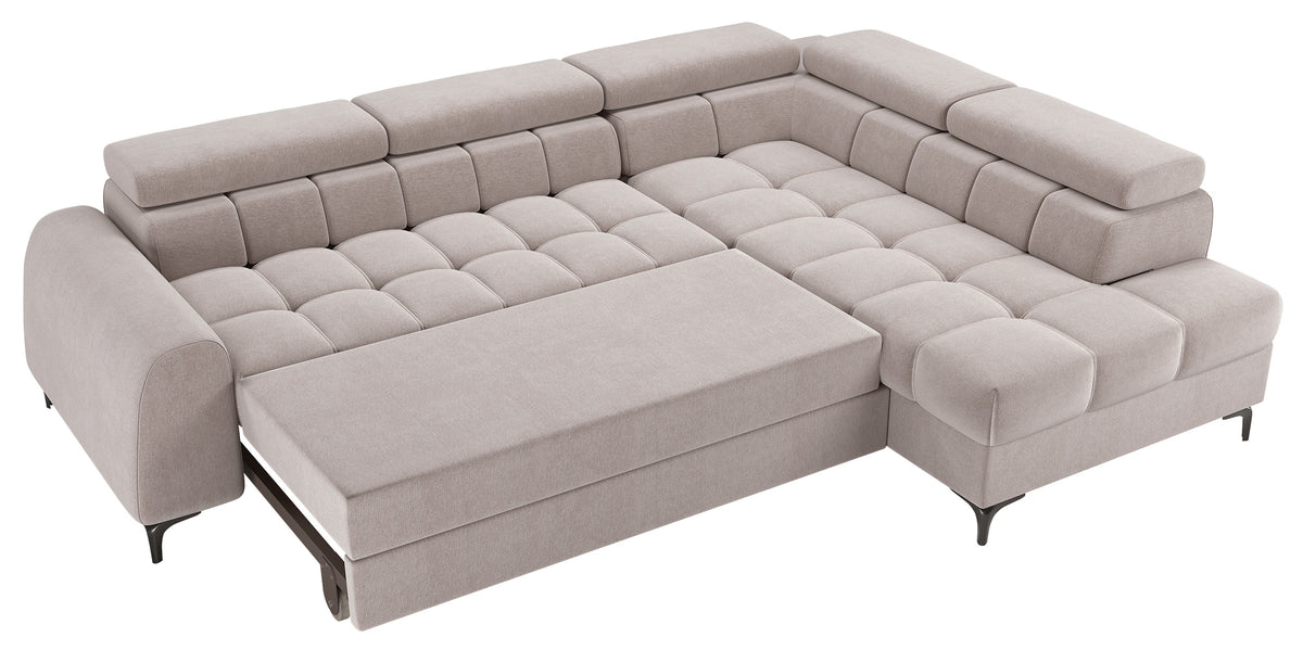 Canapé d'angle droit convertible Arellio avec coffre, tissu chenille gris-beige
