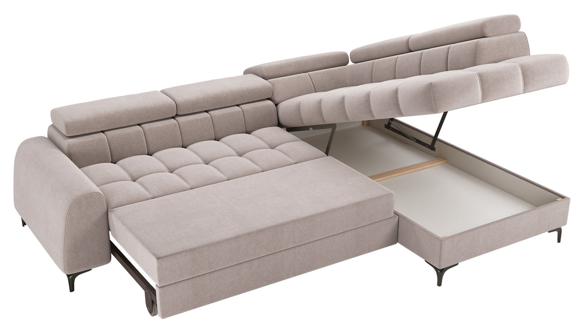 Canapé d'angle droit convertible Arellio avec coffre, tissu chenille gris-beige
