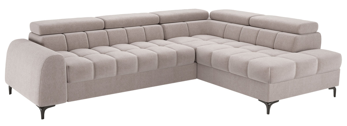 Canapé d'angle droit convertible Arellio avec coffre, tissu chenille gris-beige