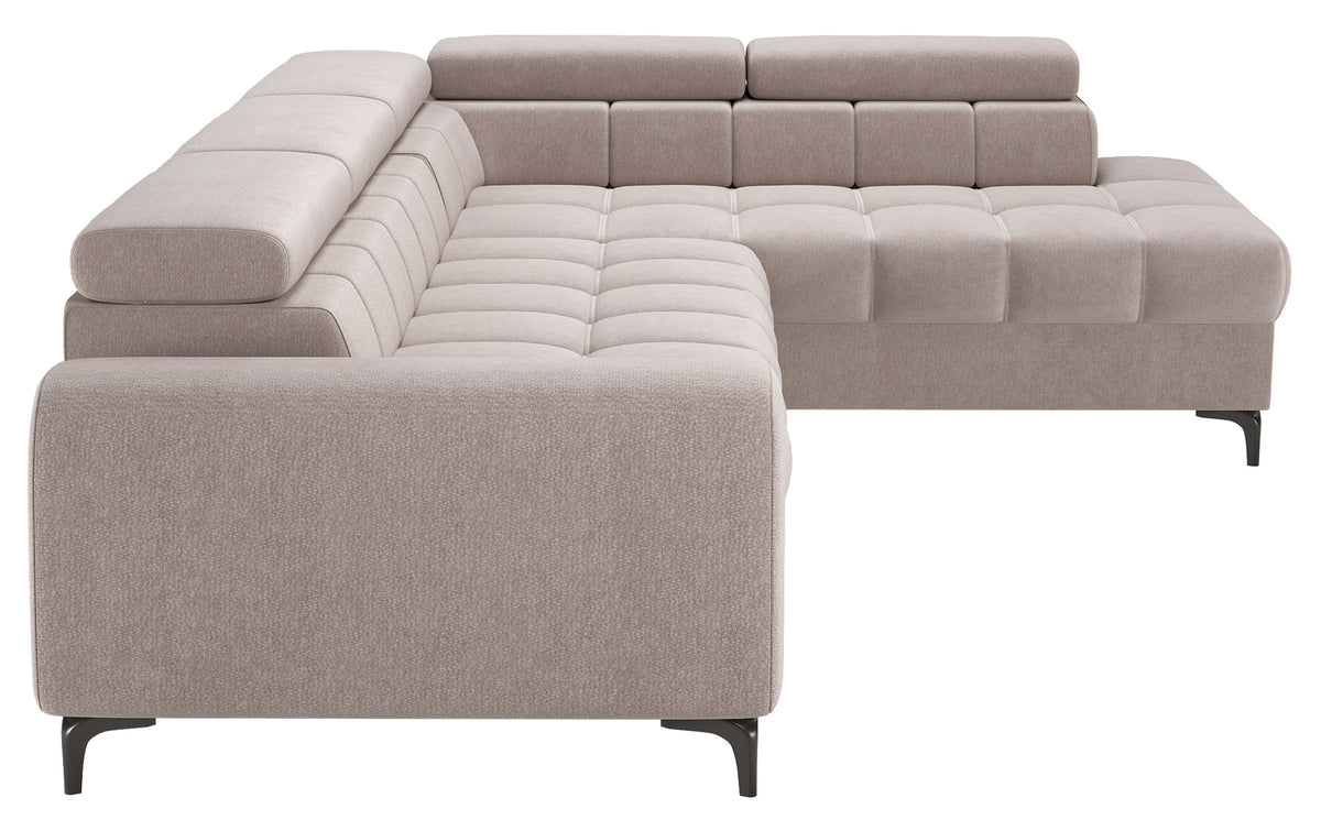 Canapé d'angle droit convertible Arellio avec coffre, tissu chenille gris-beige