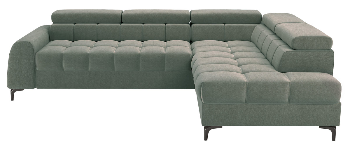 Canapé d'angle Arellio avec fonction couchage, angle droit, coffre de rangement, tissu chenille sauge