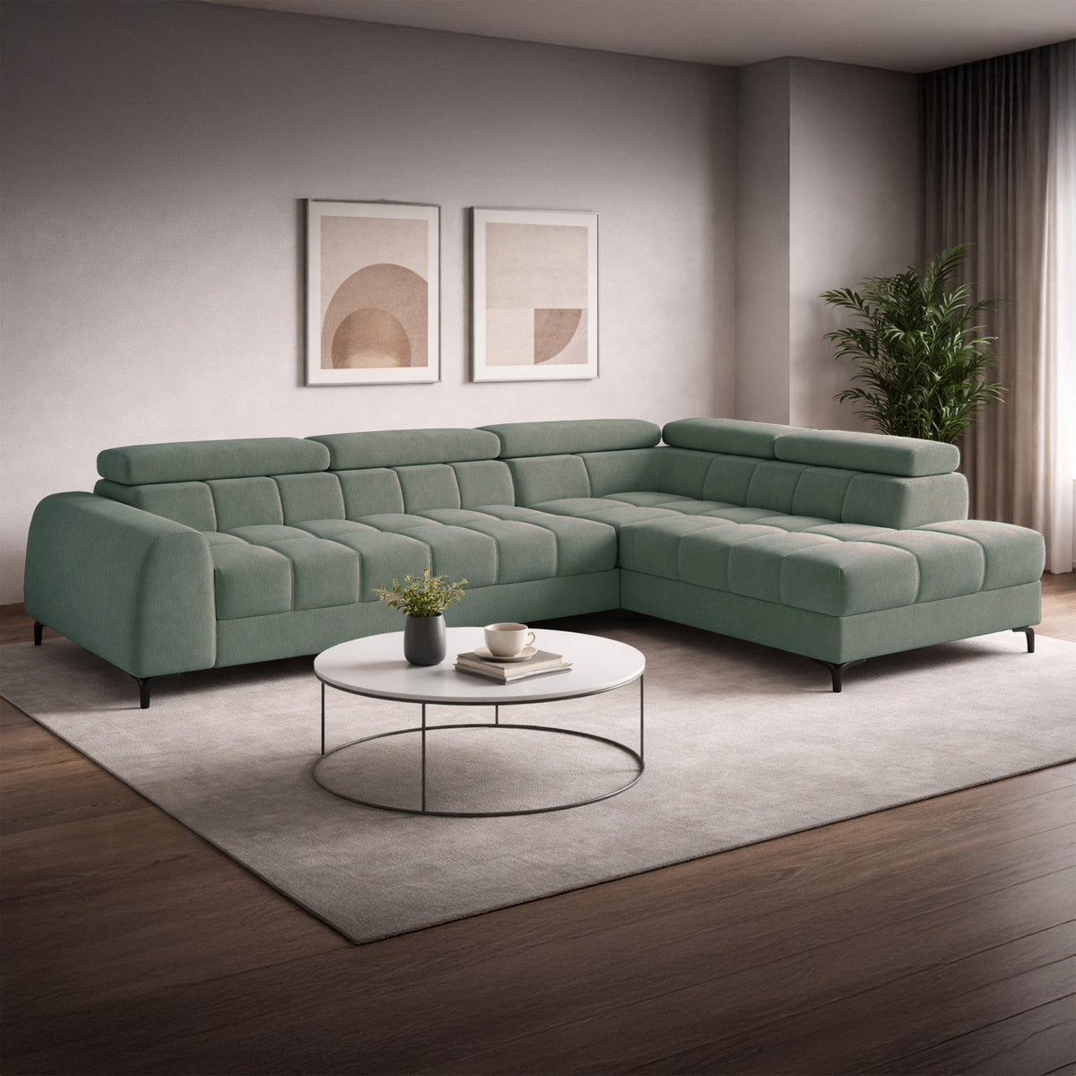 Canapé d'angle Arellio avec fonction couchage, angle droit, coffre de rangement, tissu chenille sauge