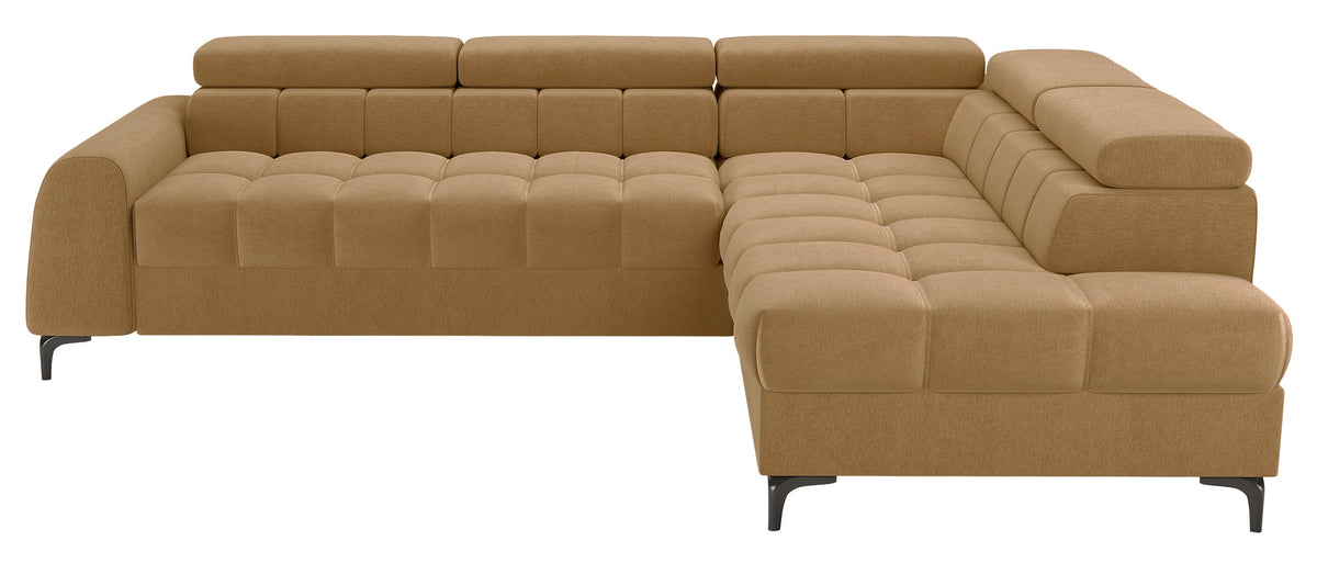 Canapé d’angle droit avec fonction couchage Arellio en tissu chenille moutarde et coffre de rangement