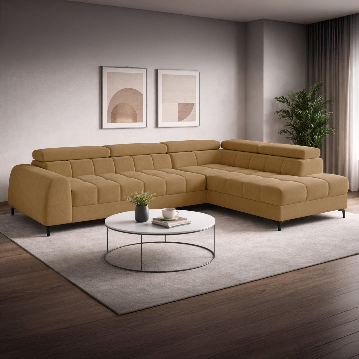 Canapé d’angle droit avec fonction couchage Arellio en tissu chenille moutarde et coffre de rangement