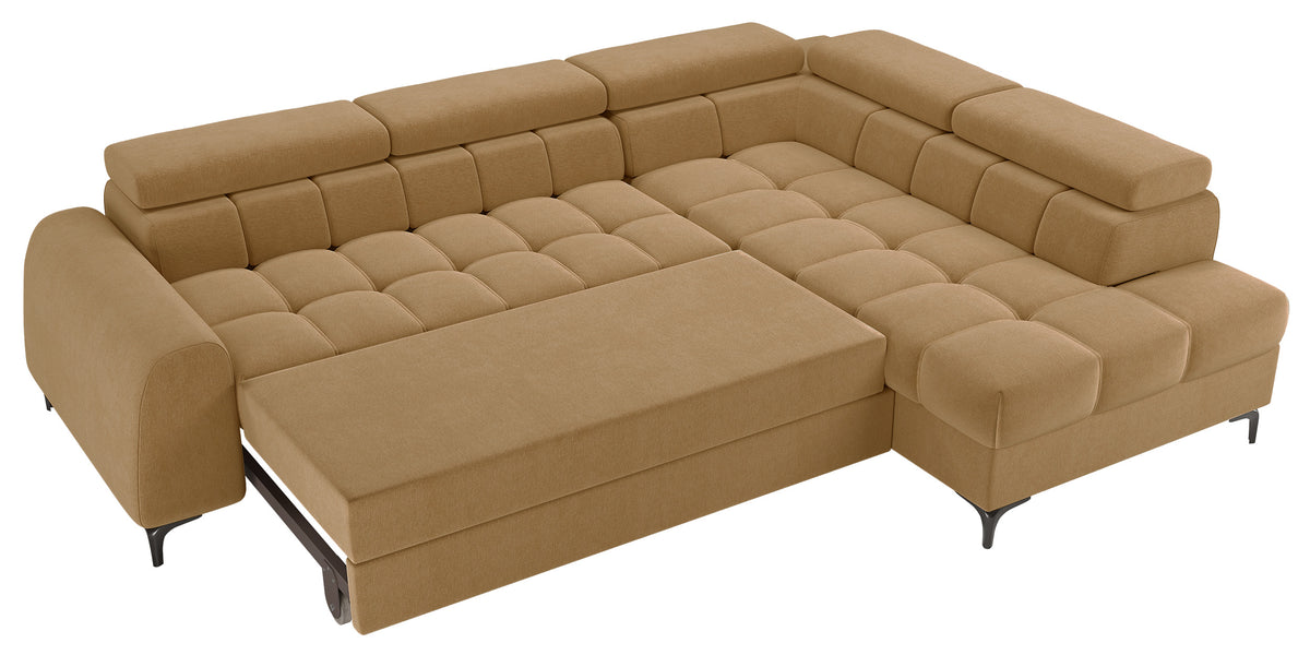 Canapé d’angle droit avec fonction couchage Arellio en tissu chenille moutarde et coffre de rangement