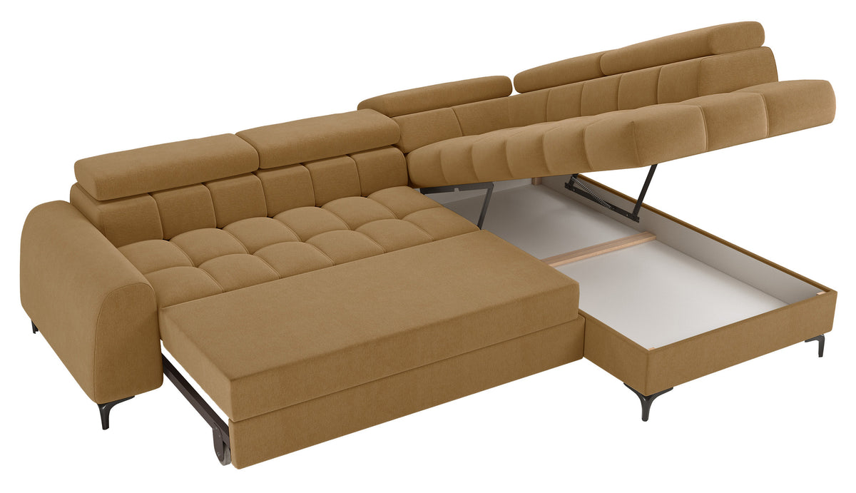 Canapé d’angle droit avec fonction couchage Arellio en tissu chenille moutarde et coffre de rangement