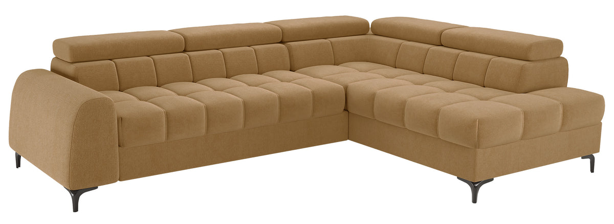 Canapé d’angle droit avec fonction couchage Arellio en tissu chenille moutarde et coffre de rangement