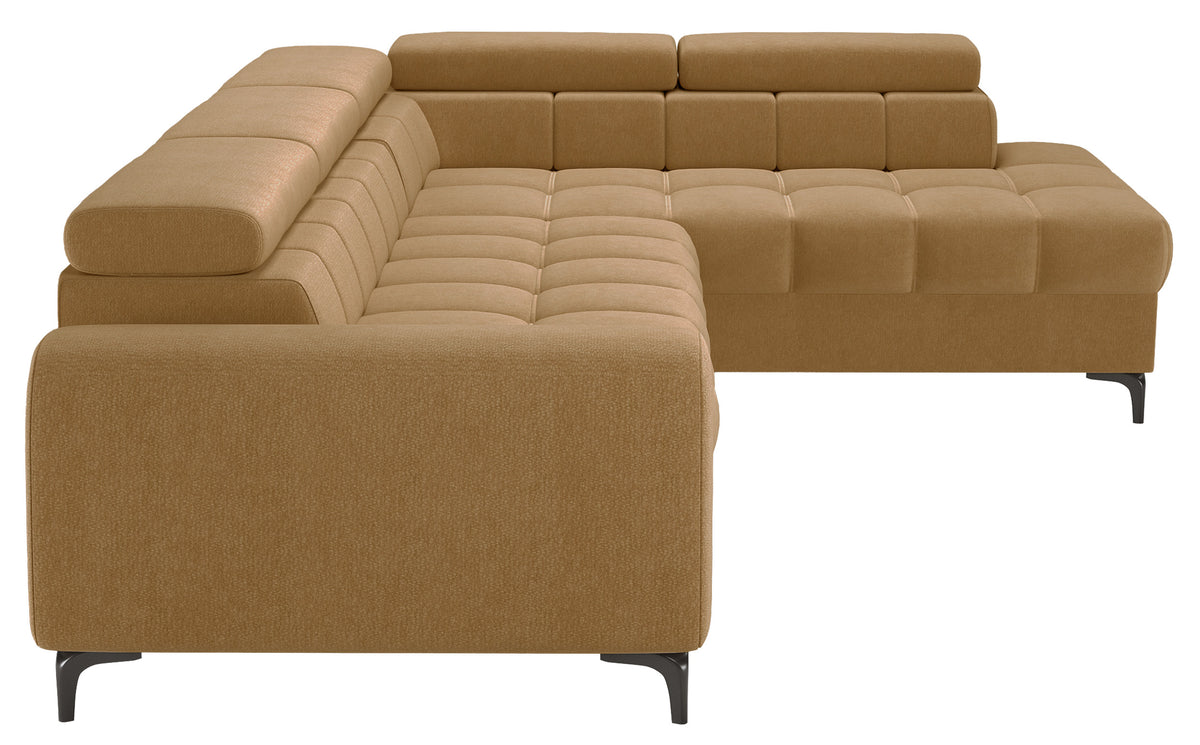 Canapé d’angle droit avec fonction couchage Arellio en tissu chenille moutarde et coffre de rangement