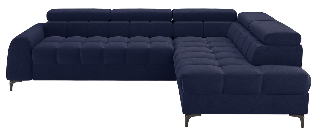 Canapé d'angle droit convertible Arellio en tissu chenille bleu marine avec rangement