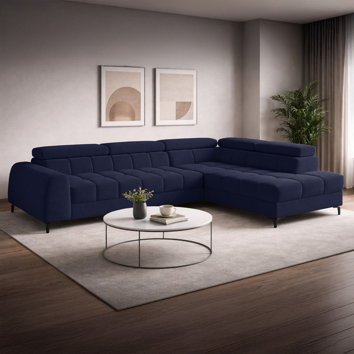 Canapé d'angle droit convertible Arellio en tissu chenille bleu marine avec rangement
