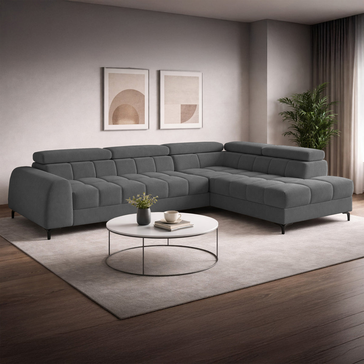 Canapé d'angle droit avec fonction couchage Arellio en tissu chenille gris, avec coffre de rangement