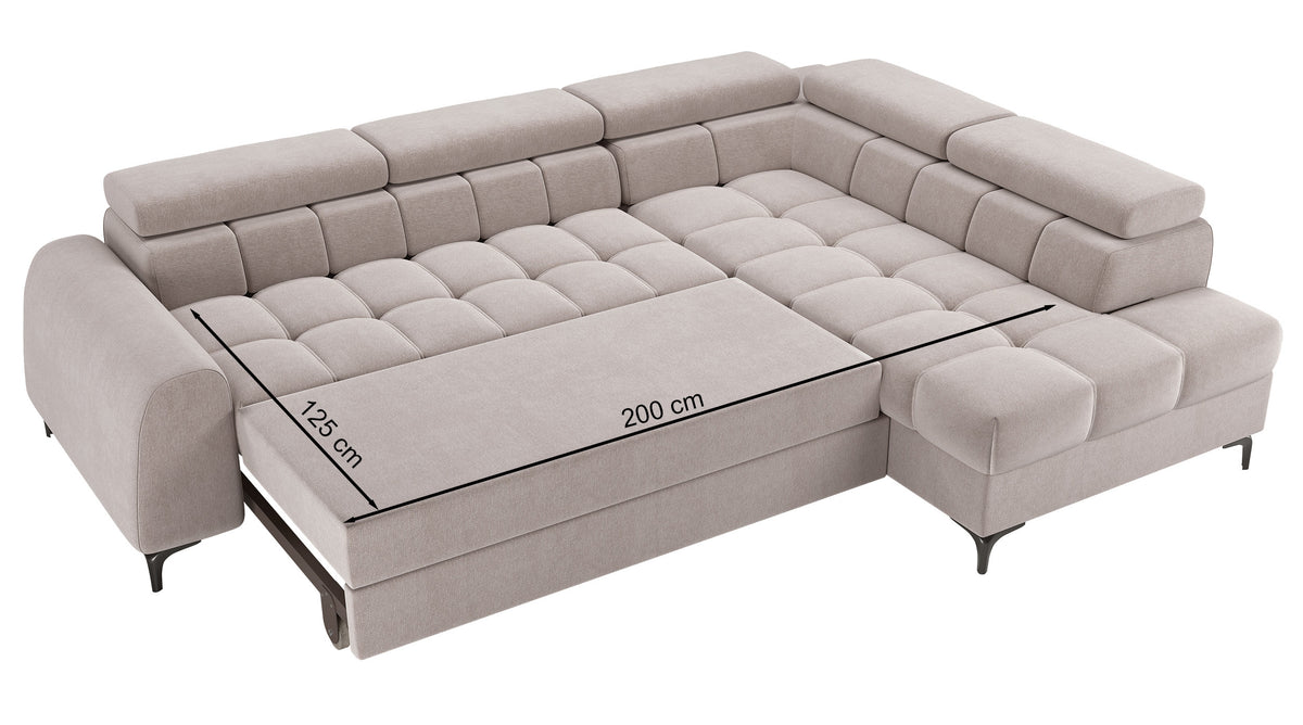 Canapé d’angle droit avec fonction couchage Arellio en tissu chenille moutarde et coffre de rangement